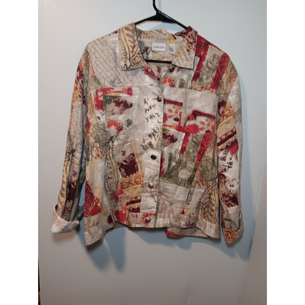Chico's Asian Floral Lightweight Jacket Women Large Size 2 Linen Button Front